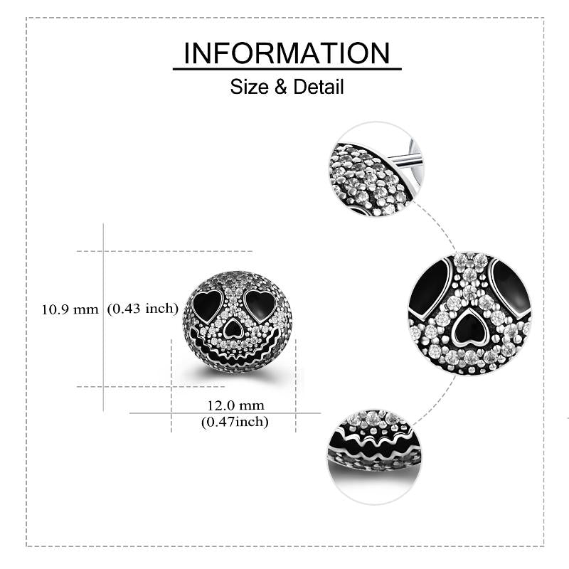 A spherical charm with heart-shaped eyes and a small nose, detailed with sparkling stones. It measures 10.9 mm by 12.0 mm and features intricate wavy patterns.