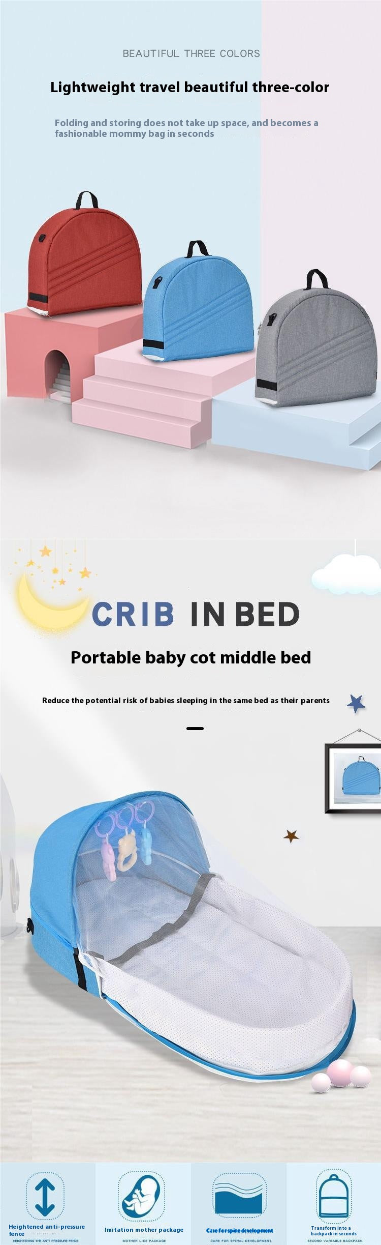 Three colorful travel bags turn into a portable baby cot with a canopy and toys. Designed for safe co-sleeping, it's lightweight, easy to store, and folds into a mommy bag.