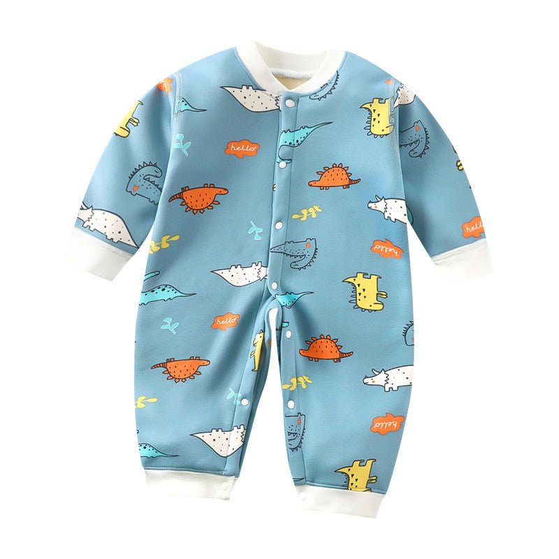 Blue baby romper with colorful dinosaur prints and white cuff detailing. Features snap buttons down the front for easy closure. Playful and cozy design.
