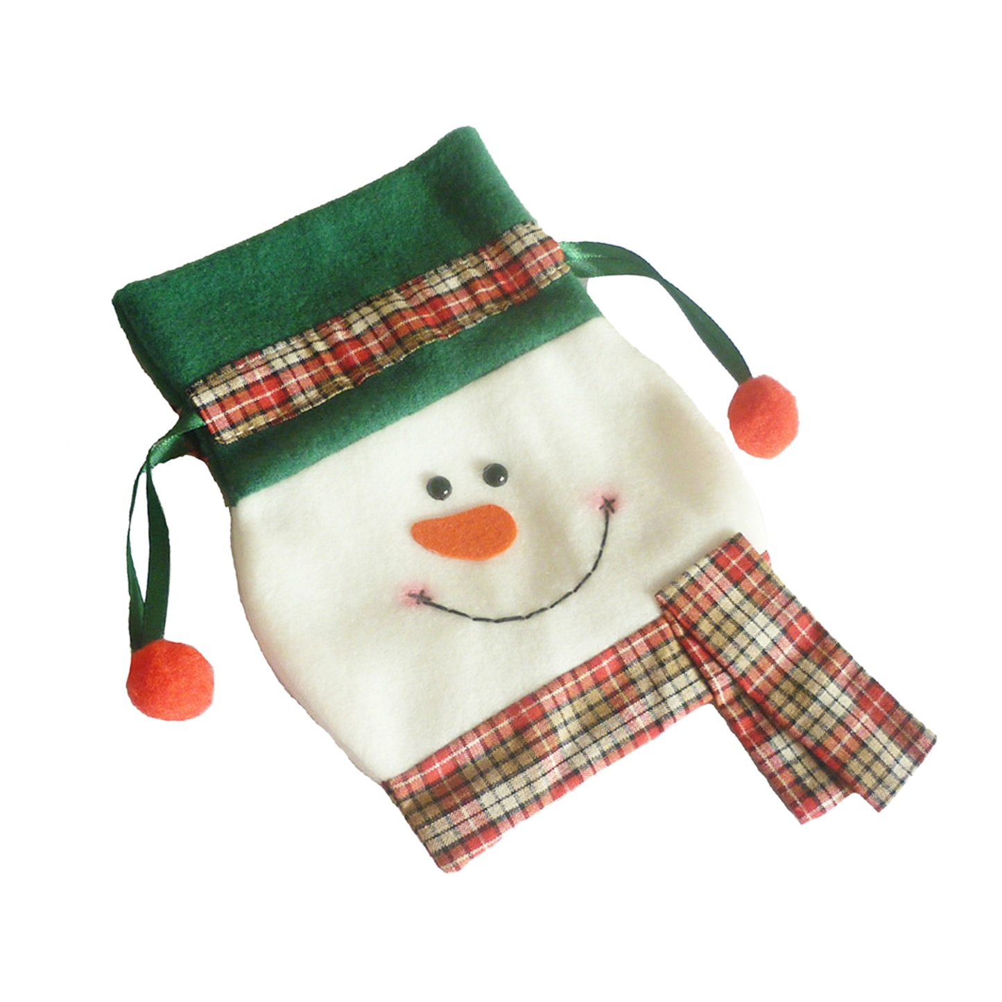 Festive gift bag shaped like a snowman with a green hat, plaid trim, and orange pompoms. Features a smiling face with eyes, an orange nose, and a stitched mouth.
