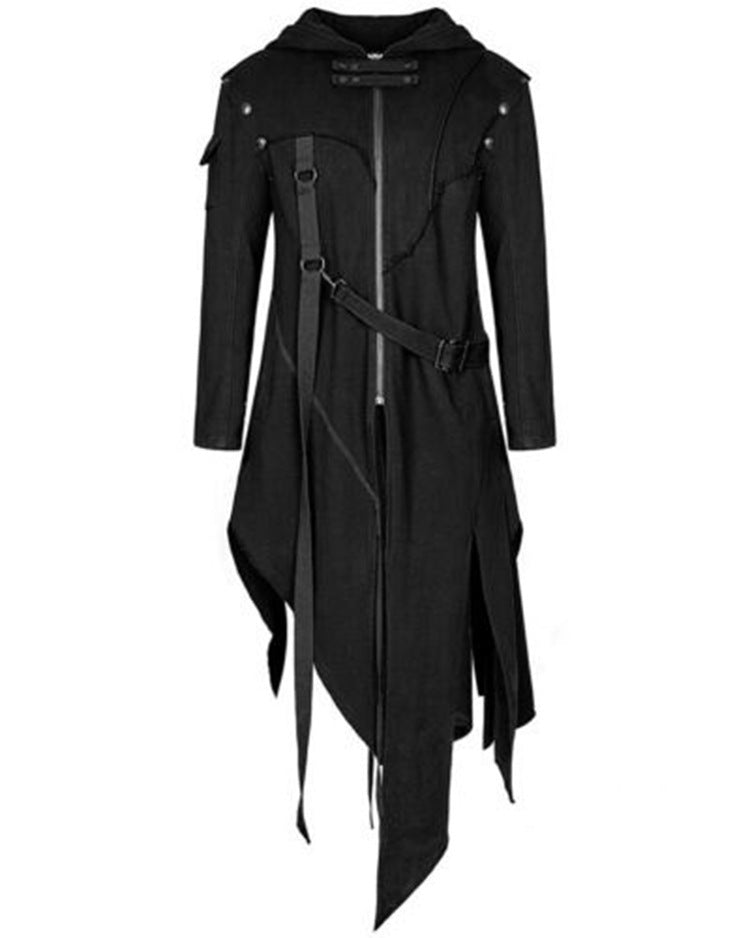 Black asymmetrical coat with a hood, decorative stitching, and an angled zipper. Features straps and a belt on the front. Hem has irregular, jagged edges for a gothic look.