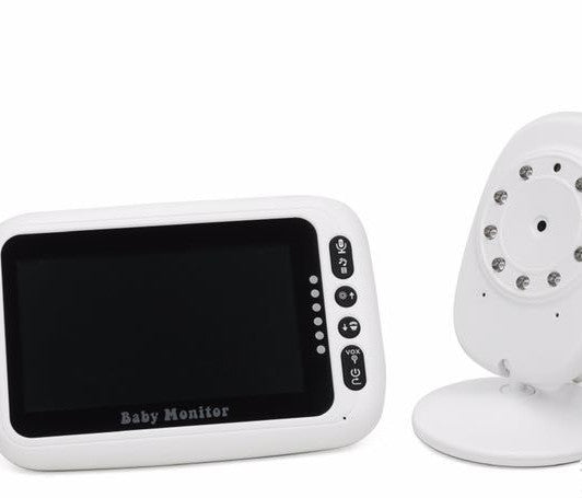 White baby monitor with LCD screen and control buttons next to a round camera on a stand. The camera has infrared lights for night vision.