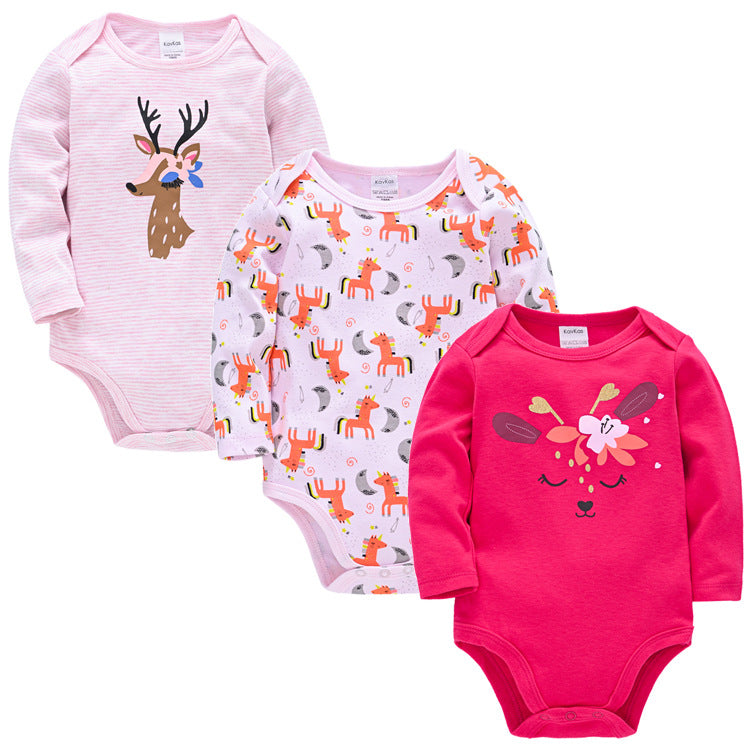 Three long-sleeve baby onesies: pink stripe with deer, white with unicorn print, and bright pink with a floral animal design. Each features snap closures at the bottom.
