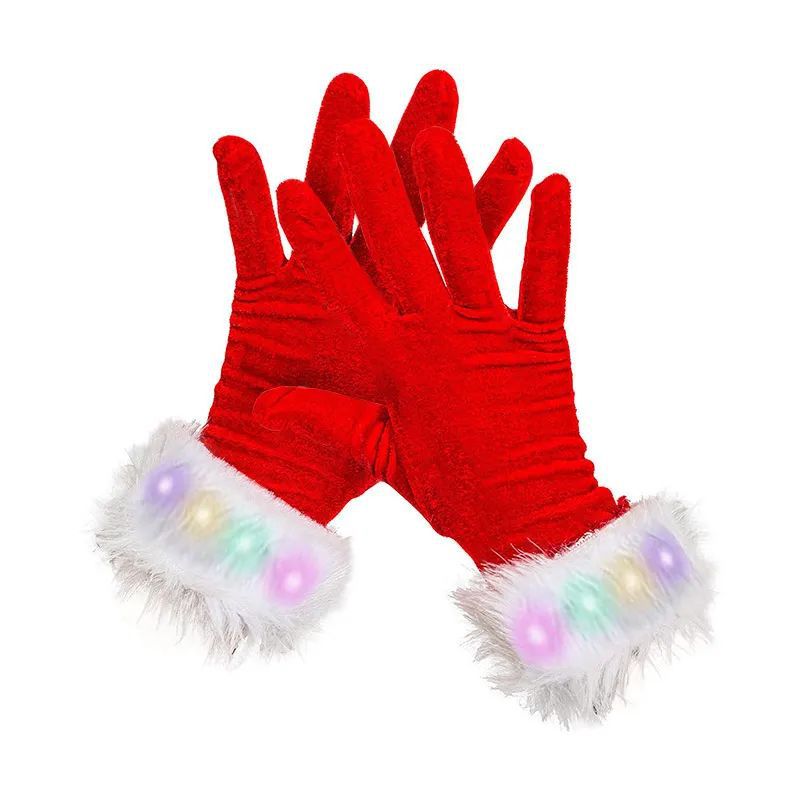 Red velvet gloves with white fur cuffs adorned with glowing multi-colored LED lights, set against a white background.
