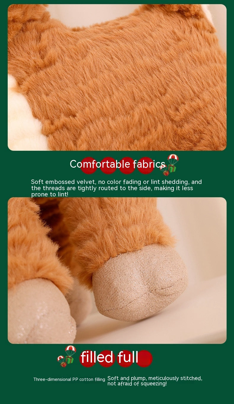 Close-up of soft, brown, embossed velvet fabric with plush filling. Text highlights no fading or lint, and meticulous stitching. Describes comfort and durability.