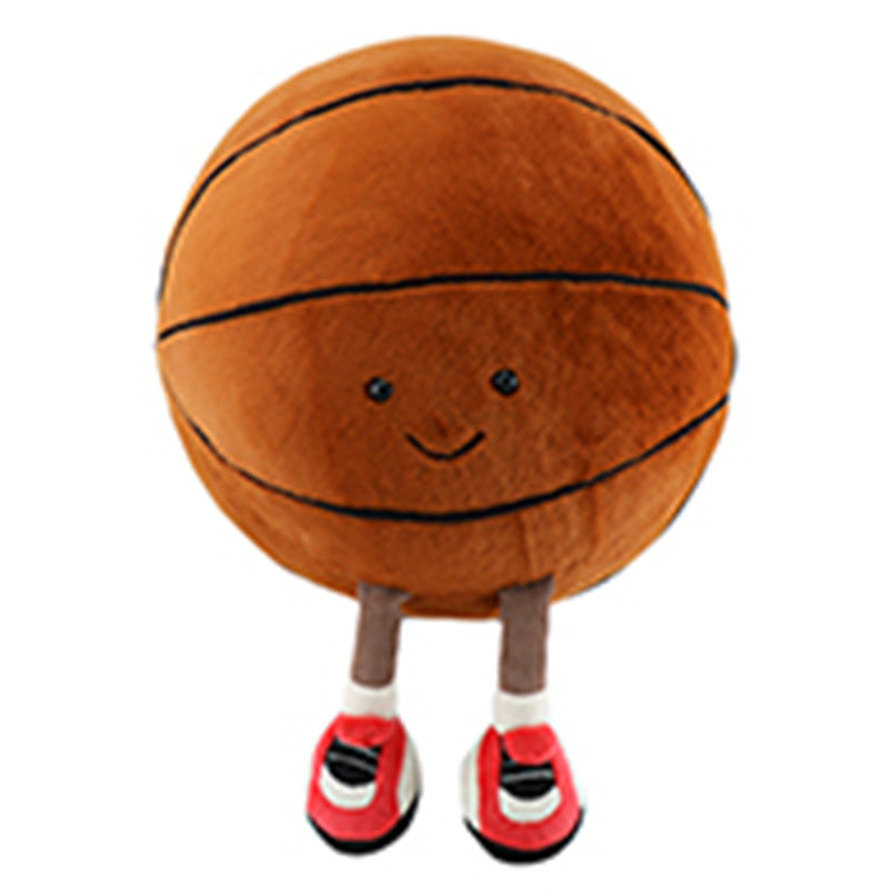 A plush toy designed as a smiling basketball with black lines, featuring brown legs and red sneakers, set against a plain white background.