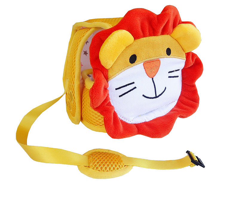 Colorful plush lion-themed toddler backpack with a smiling face, red mane, and yellow accents. Features adjustable straps and a buckle, ideal for children.