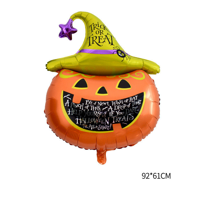 A festive Halloween balloon featuring a smiling orange jack-o'-lantern with sharp black eyes and nose. Atop the pumpkin sits a green witch hat with "Trick or Treat" text and a purple star, accompanied by a small black spider. The balloon dimensions are 92x61 cm.