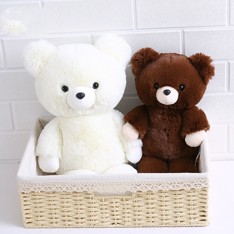 Two plush teddy bears, one white and one brown, sit inside a woven basket with a lace-trimmed edge. The background features a textured white tile wall.
