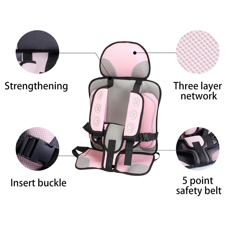 Pink and gray child safety seat with a three-layer network, strengthening features, insert buckle, and a five-point safety belt system.