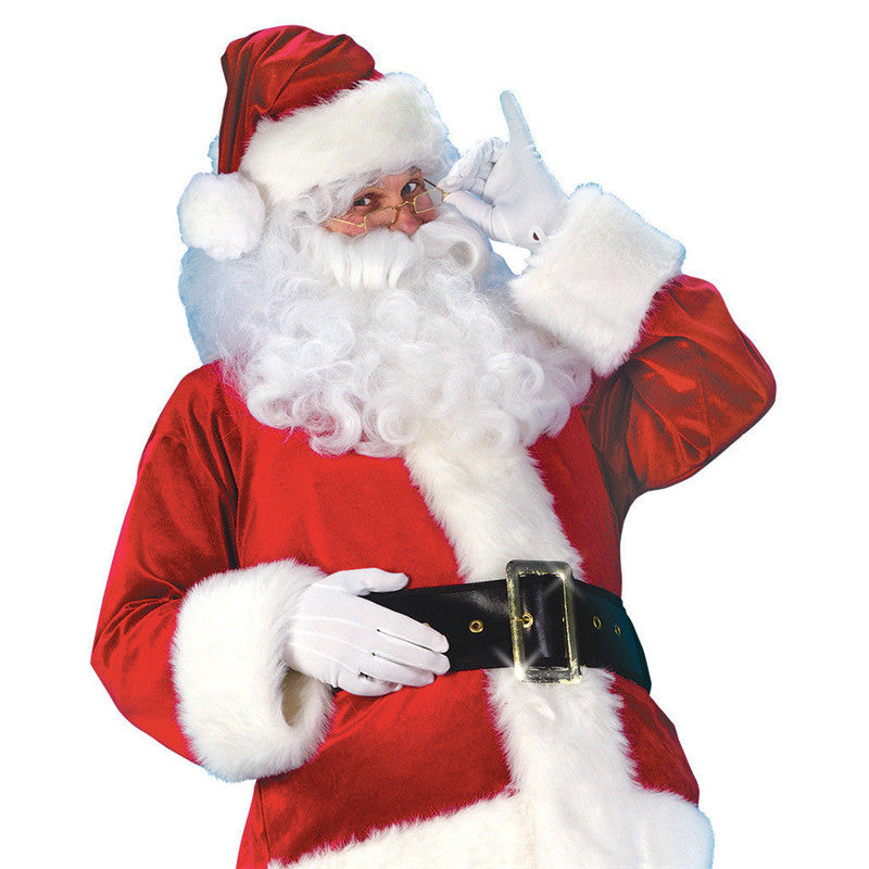Santa Claus in a traditional red suit with white trim, wearing glasses and a black belt, gestures with one hand as if thinking. He has a bushy white beard and mustache.