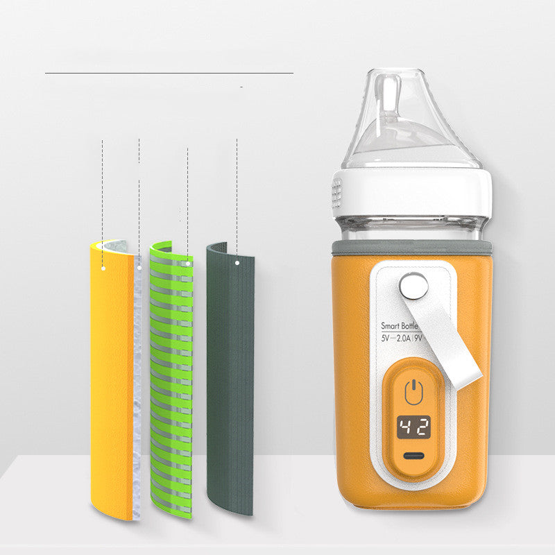 Smart baby bottle with temperature display, orange insulated cover, and three layer cross-section showing the structure. Designed for precise warming and feeding convenience.