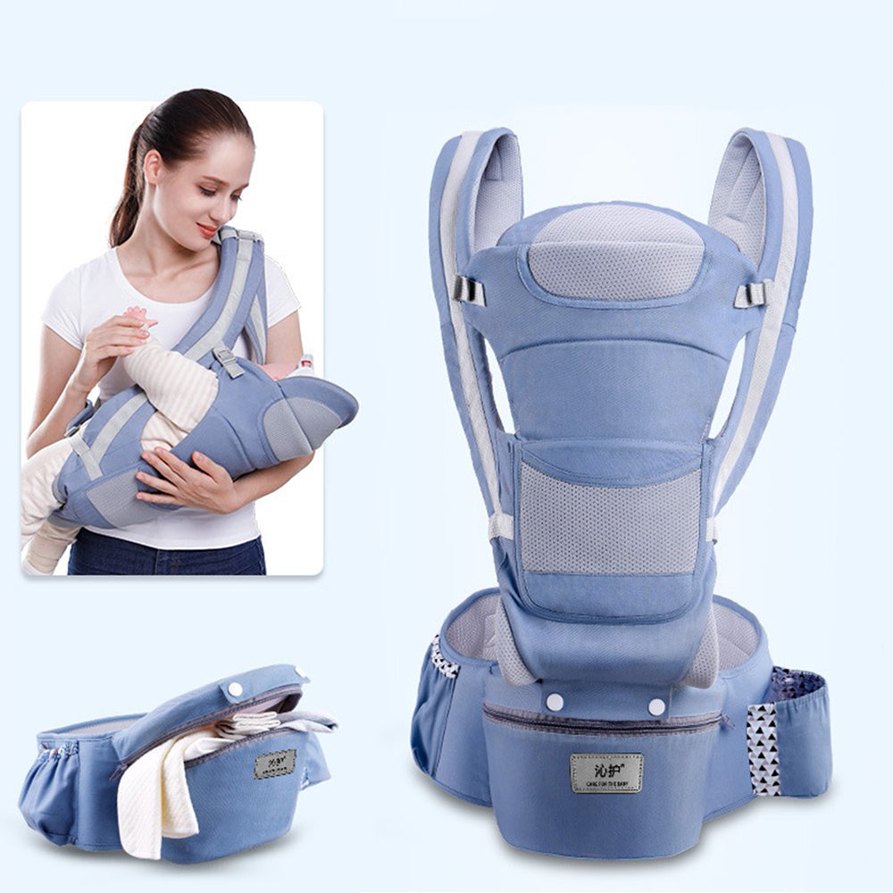 Blue ergonomic baby carrier with a mesh front and adjustable straps, featuring a detachable storage pouch. Inset shows a baby comfortably secured in the carrier.