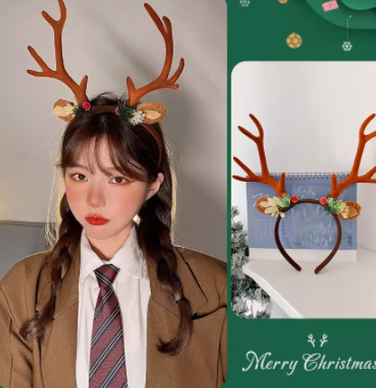 A person wearing a brown jacket and tie with a reindeer antler headband adorned with flowers is on the left. On the right, the headband is displayed against a holiday backdrop.