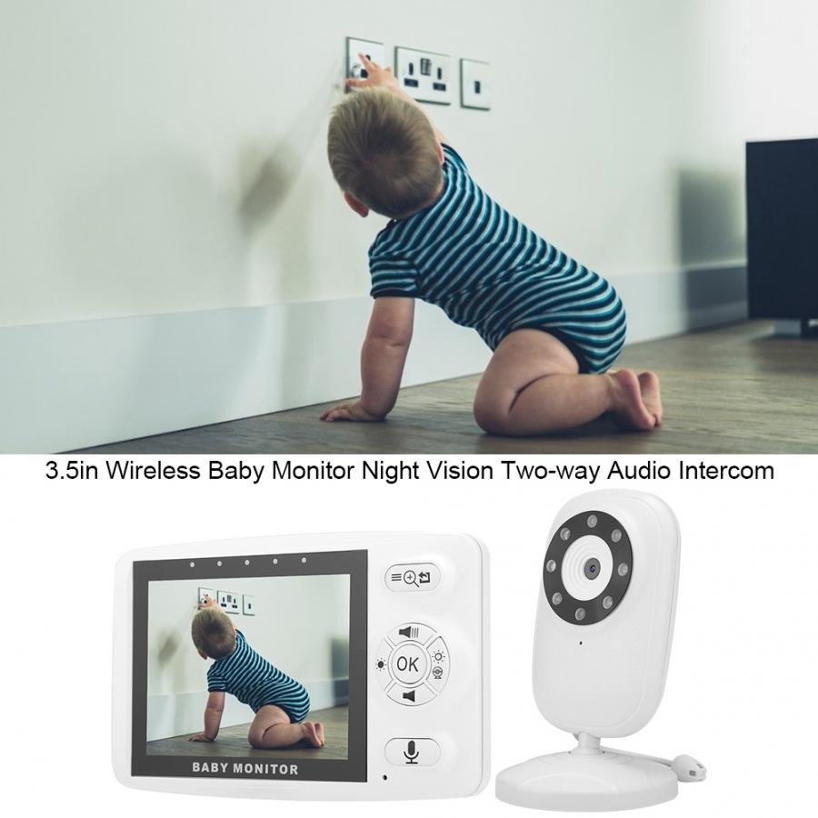 A baby in a striped onesie reaches for a power outlet, as shown on the display of a 3.5-inch wireless baby monitor with night vision and two-way audio intercom.