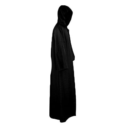 A black, hooded robe facing sideways against a plain white background. The garment is loose-fitting with a long hem and draped sleeves, creating a mysterious silhouette.