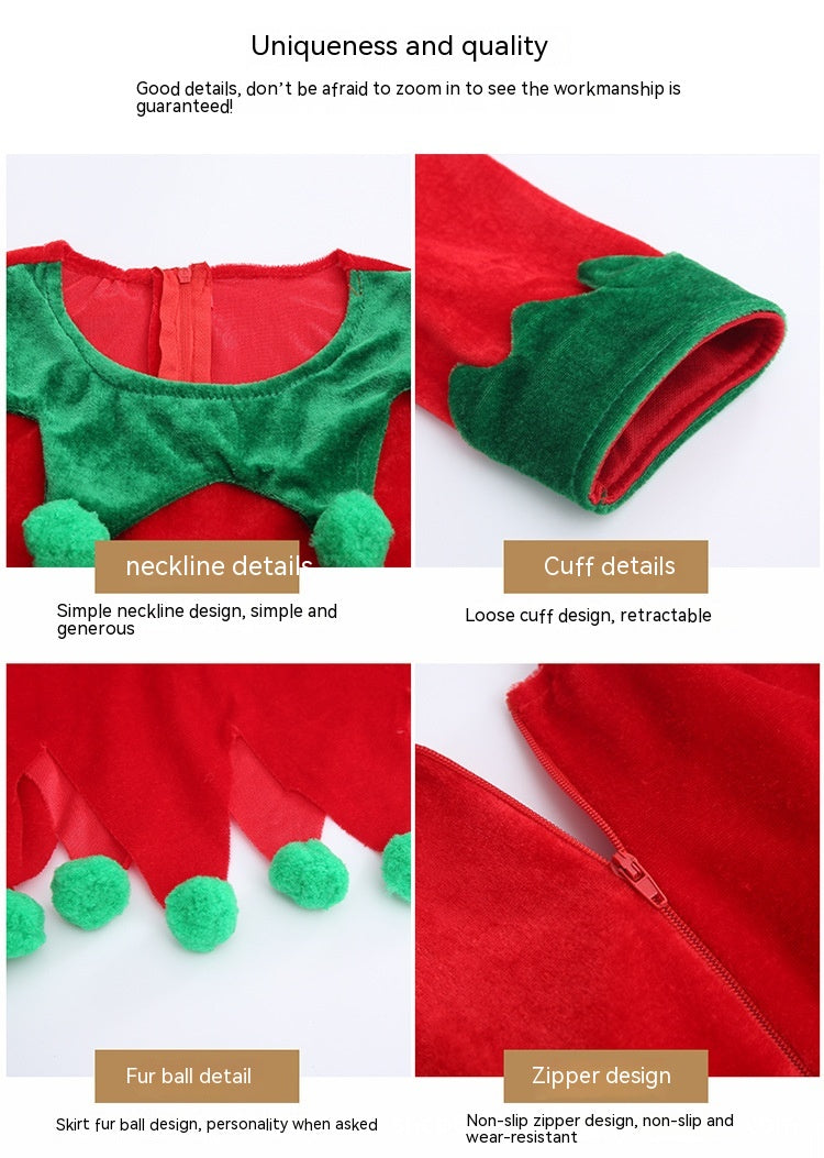 Red garment with green accents. Features include a simple green neckline, retractable green cuffs, fur ball detail on skirt, and a non-slip zipper. Text highlights quality.