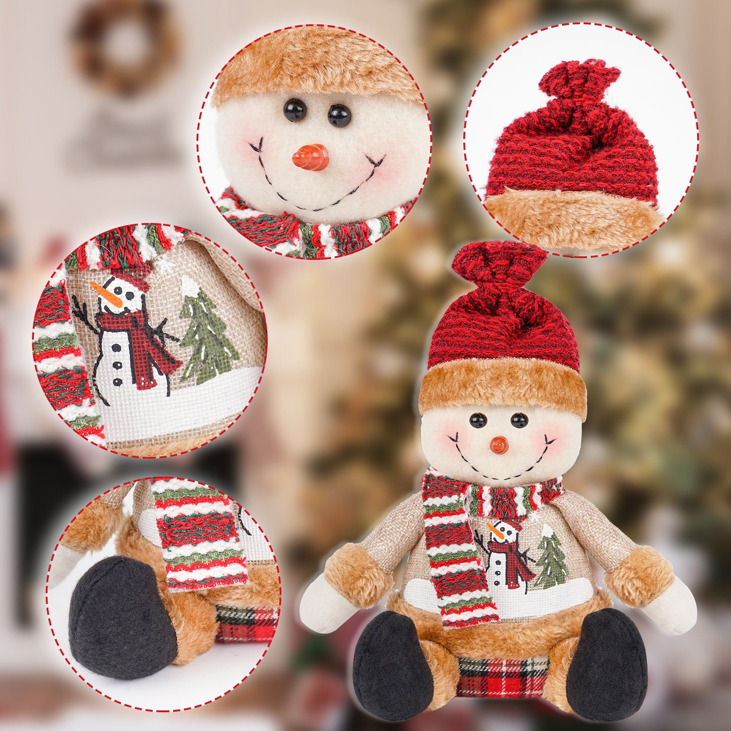 Plush snowman doll with a red hat and scarf, detailed with a snowman and tree pattern. Close-ups show its embroidered face, hat texture, scarf, and fuzzy black shoes.
