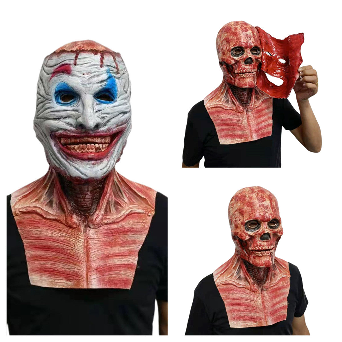 Three views of a Halloween mask: one with a creepy clown design, one showing a person holding a peeled-off mask with a red skull underneath, and a frontal view of the red skull mask.