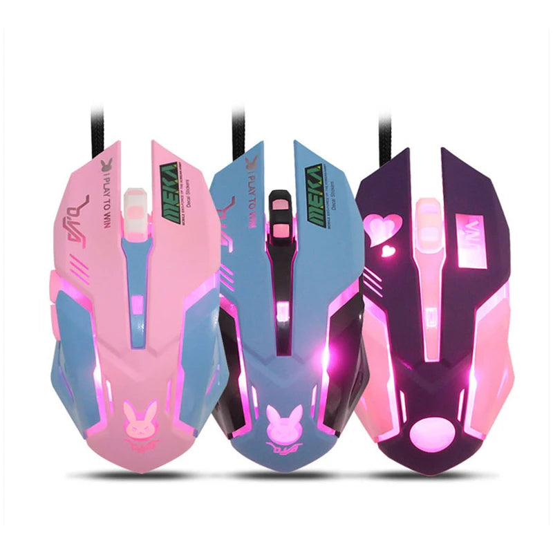 Three wired gaming mice with glowing LED lights in blue, pink, and purple colors. Each mouse features a playful design, including a bunny logo and heart symbol.