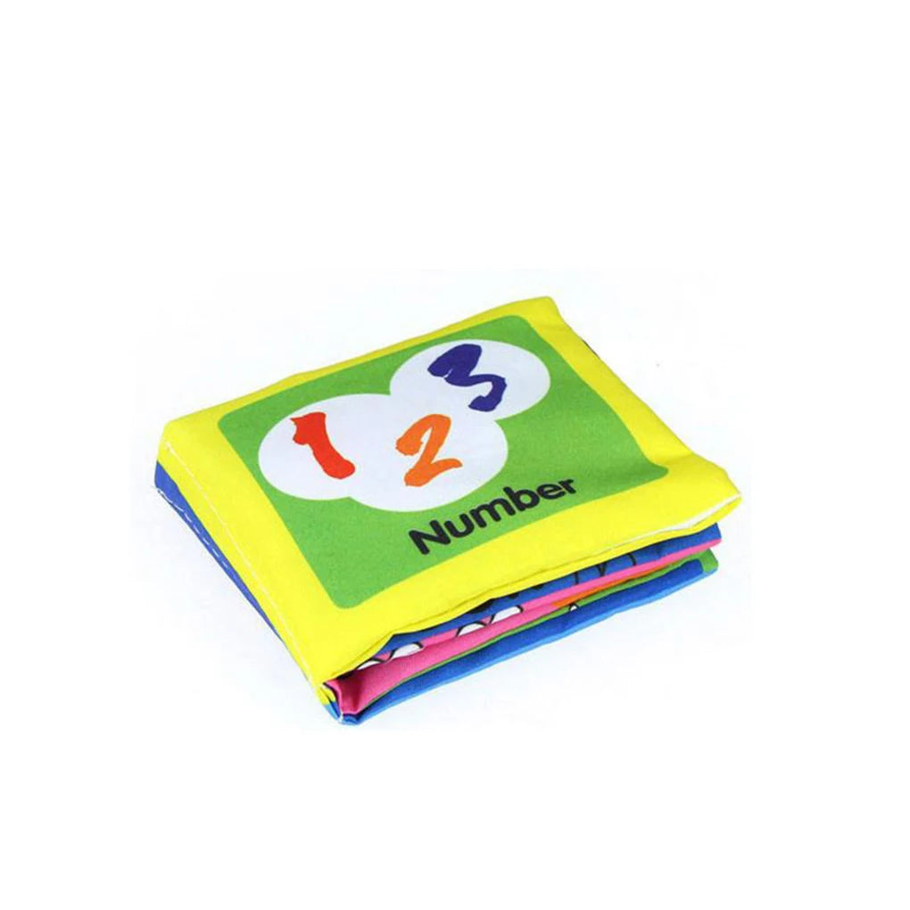 Colorful baby book with a yellow cover, featuring numbers 1, 2, and 3 on a green background with the word "Number" underneath. Edges of additional pages are visible.