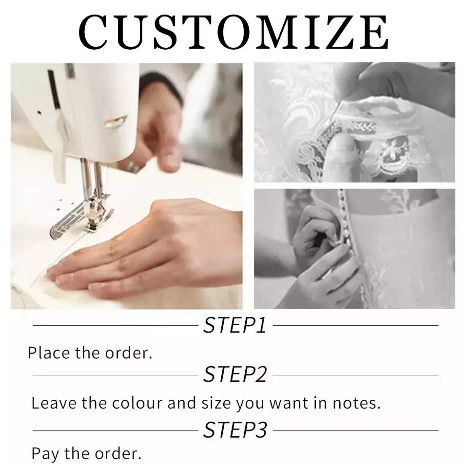 Hands sew with a machine, add lace details, and adjust buttons on fabric. Text outlines three steps: order placement, specifying color and size, and payment for customization.