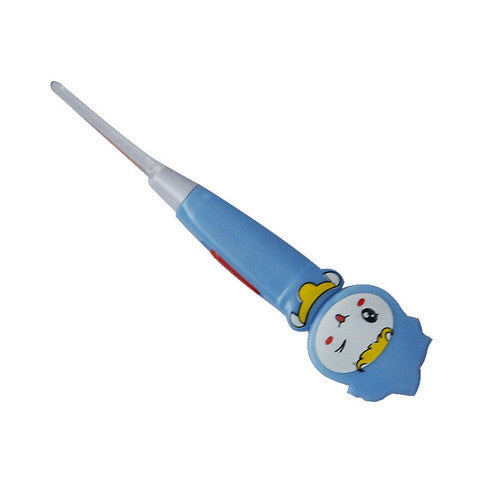 A blue children's toothbrush featuring a cartoon animal with a yellow crown on the handle. The toothbrush has a small brush head suitable for kids.