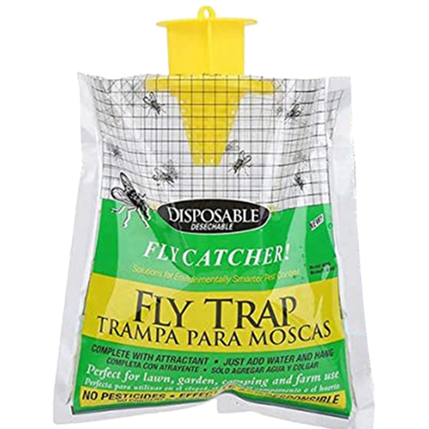 Disposable fly trap bag with yellow top, labeled "Fly Catcher" and "Trampa Para Moscas." Grid design with fly graphics. Instructions: add water and hang. Eco-friendly, no pesticides.