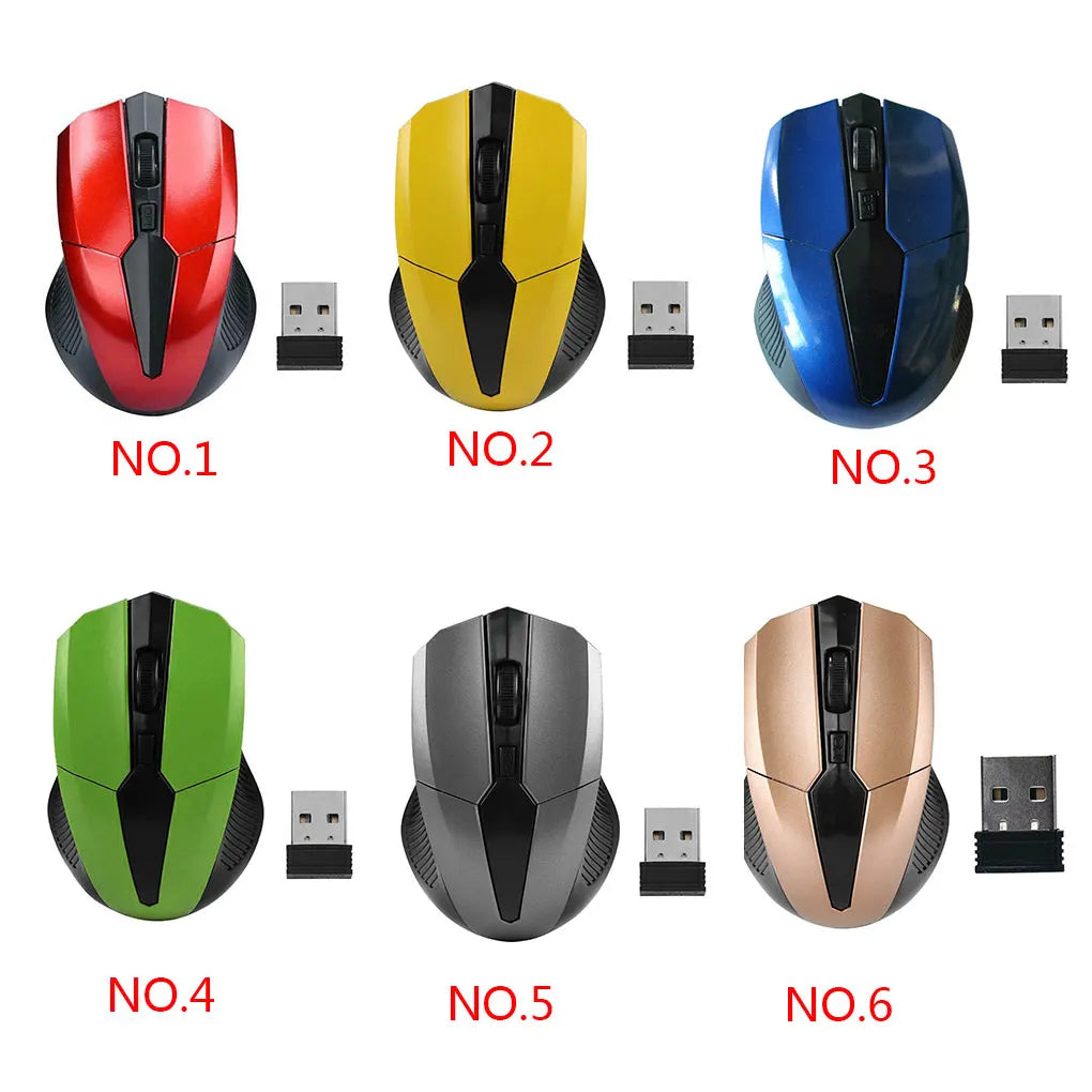 Six wireless computer mice in red, yellow, blue, green, gray, and gold with USB receivers. Each mouse is labeled No.1 to No.6, organized in two rows of three.