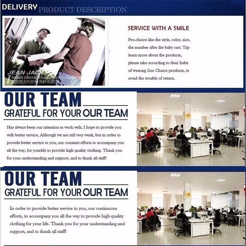 Image depicting a delivery product description with a focus on service and teamwork. Includes a message about gratitude for the team and a photo of an office with people working at desks.