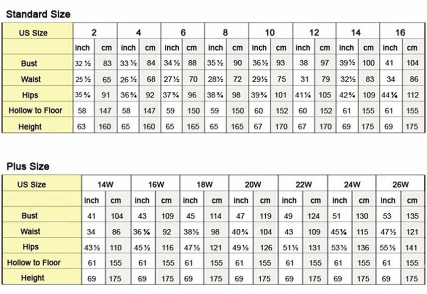 Sizing chart for standard and plus sizes. Includes bust, waist, hips, hollow to floor, and height measurements in inches and centimeters for US sizes 2 to 16 and 14W to 26W.