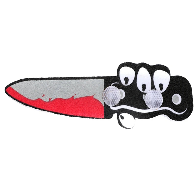 Cartoon-style knife with eyes on the handle and a blade featuring red accents resembling blood. The playful design combines dark and whimsical elements.
