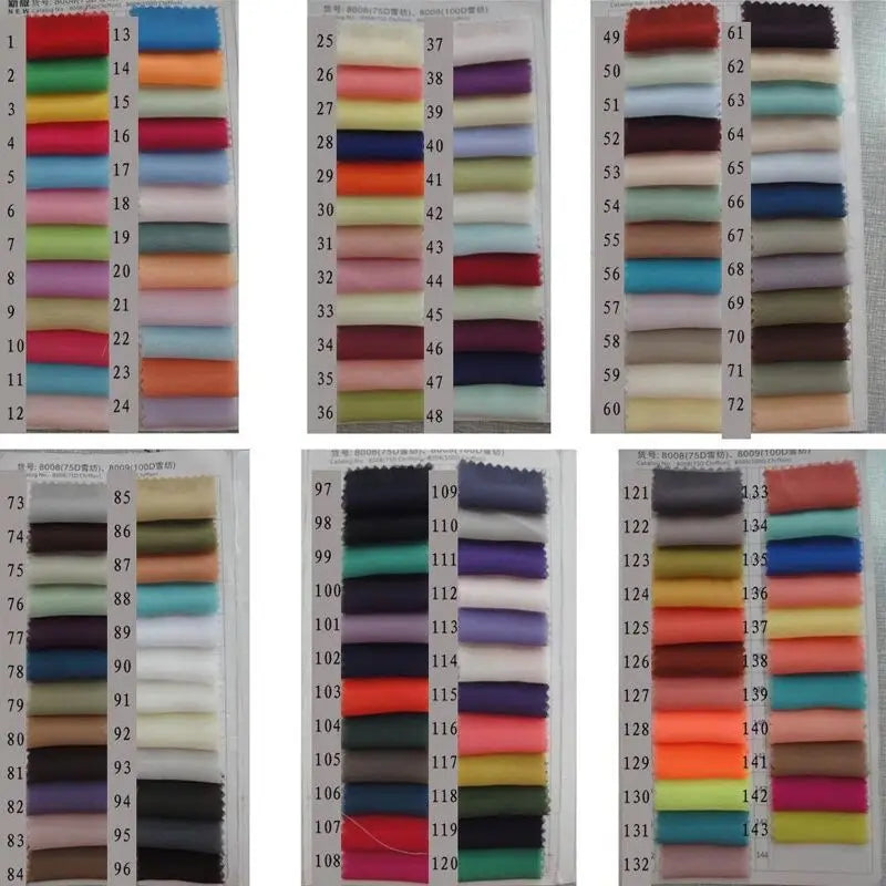 Swatches of 132 different fabric colors arranged in sheets, each labeled with a number. The colors range from vibrant reds and blues to soft pastels and muted neutrals.