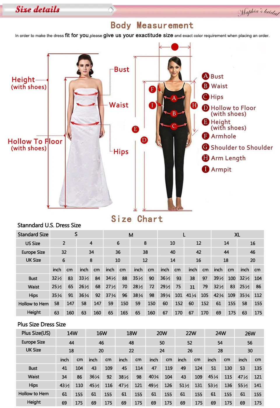 Measurement guide with a model and arrows indicating bust, waist, hips, height, hollow to floor, armhole, shoulder to shoulder, arm length, and armpit. Includes U.S. and plus size charts.