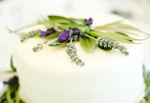 A white cake adorned with sprigs of lavender and green leaves. The floral decoration adds a natural, rustic touch to the cake's smooth surface.