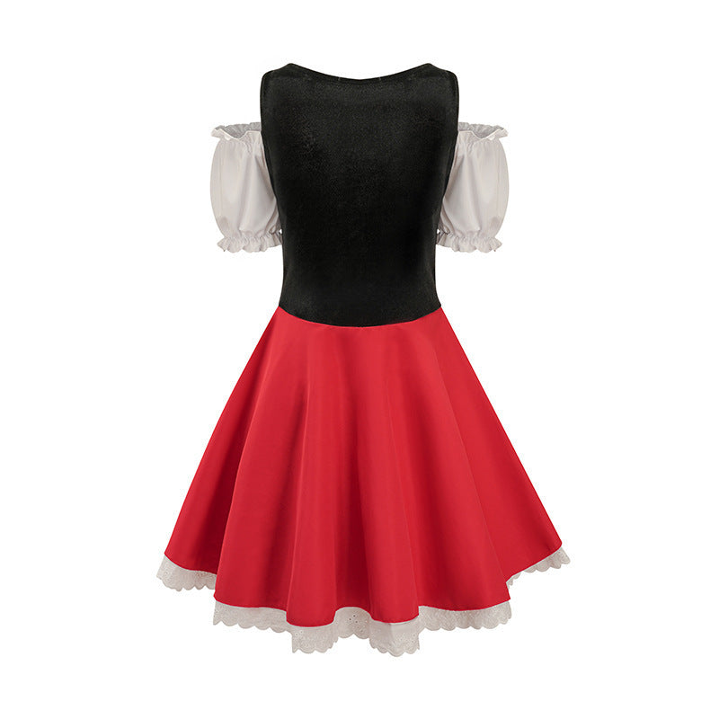 Red and black off-shoulder dress with white puff sleeves and lace trim. The bodice is black, and the skirt is bright red, flaring out in an A-line style.