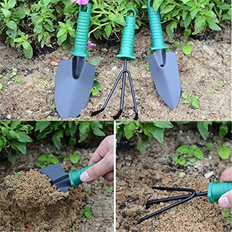 Three green-handled gardening tools, including two trowels and a cultivator, are shown in soil. Additional images depict hands using the tools to dig and cultivate the earth.