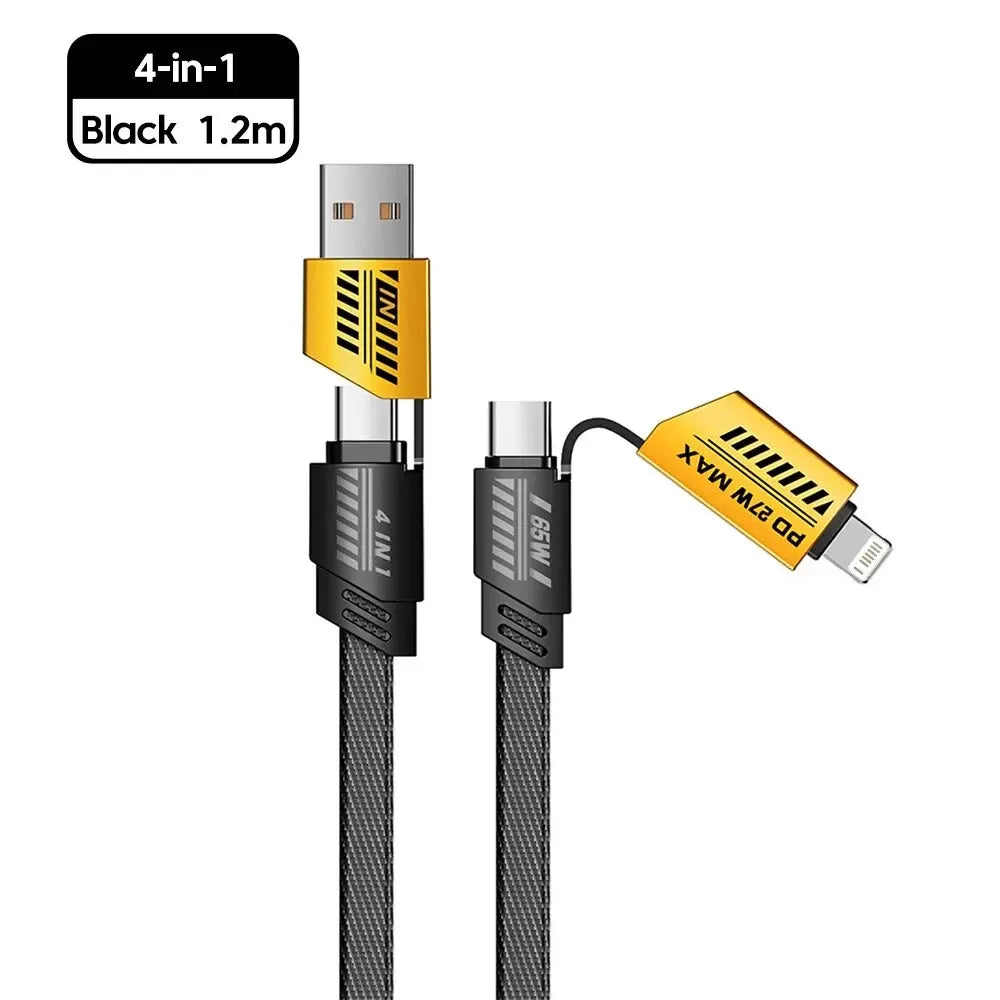 4-in-1 black charging cable with USB, Type-C, and lightning connectors, labeled "PD 65W MAX". Cable length is 1.2 meters, featuring a durable braided texture.