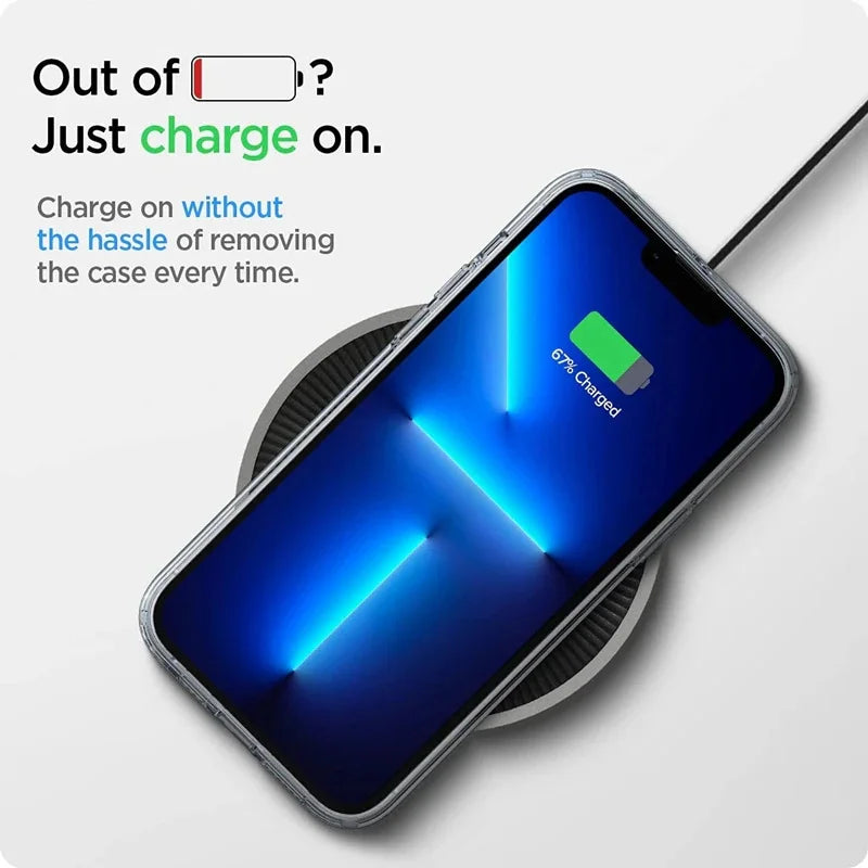A phone charges wirelessly on a pad, showing 67% battery. Text reads: "Out of battery? Just charge on. Charge on without the hassle of removing the case every time."