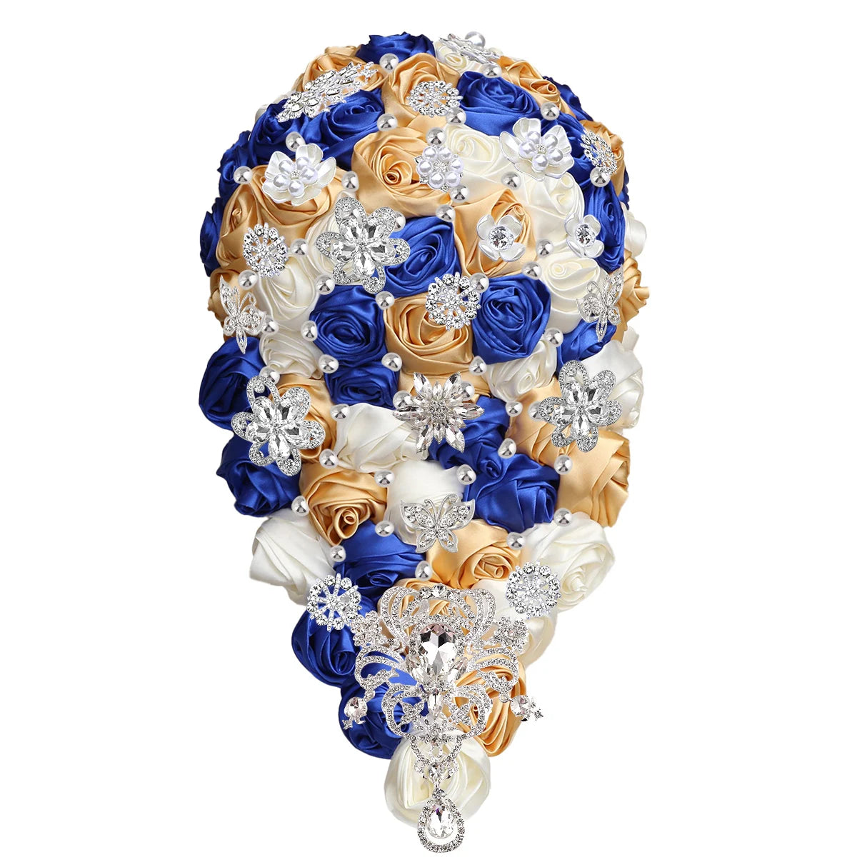 Elegant bridal bouquet made of gold, blue, and ivory satin roses adorned with sparkling silver embellishments and crystal accents, arranged in a teardrop shape.