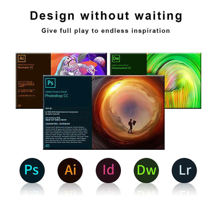 Cover art for Adobe Creative Cloud apps including Photoshop, Illustrator, and Dreamweaver with the text "Design without waiting. Give full play to endless inspiration" above.