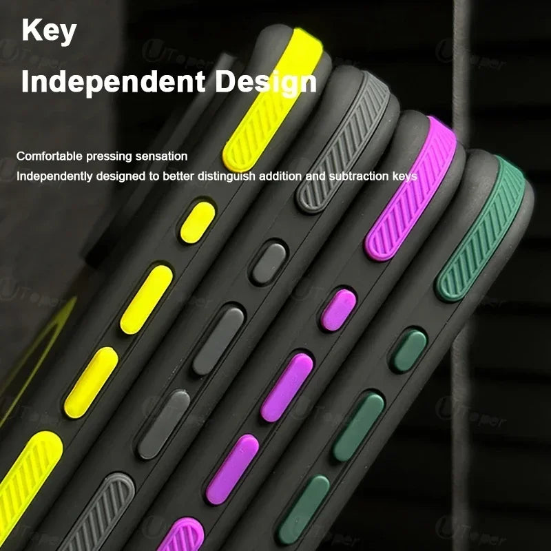 Close-up of four smartphone cases with textured, color-coded side buttons in yellow, gray, purple, and green, showcasing independent key design for easy differentiation.