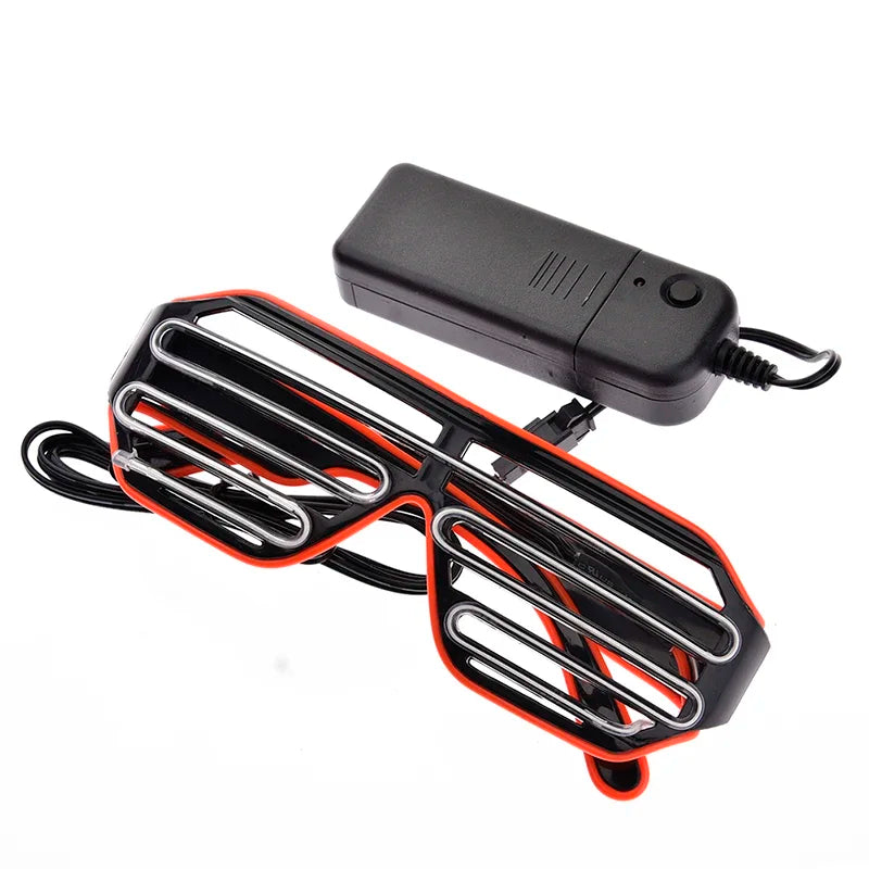 LED shutter shades glasses with red trim and attached black battery box, connected via a wire.