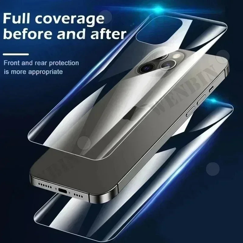 Smartphone with a dual-camera setup, showcasing front and back screen protectors for full coverage. Text highlights protection benefits on a dark blue background.