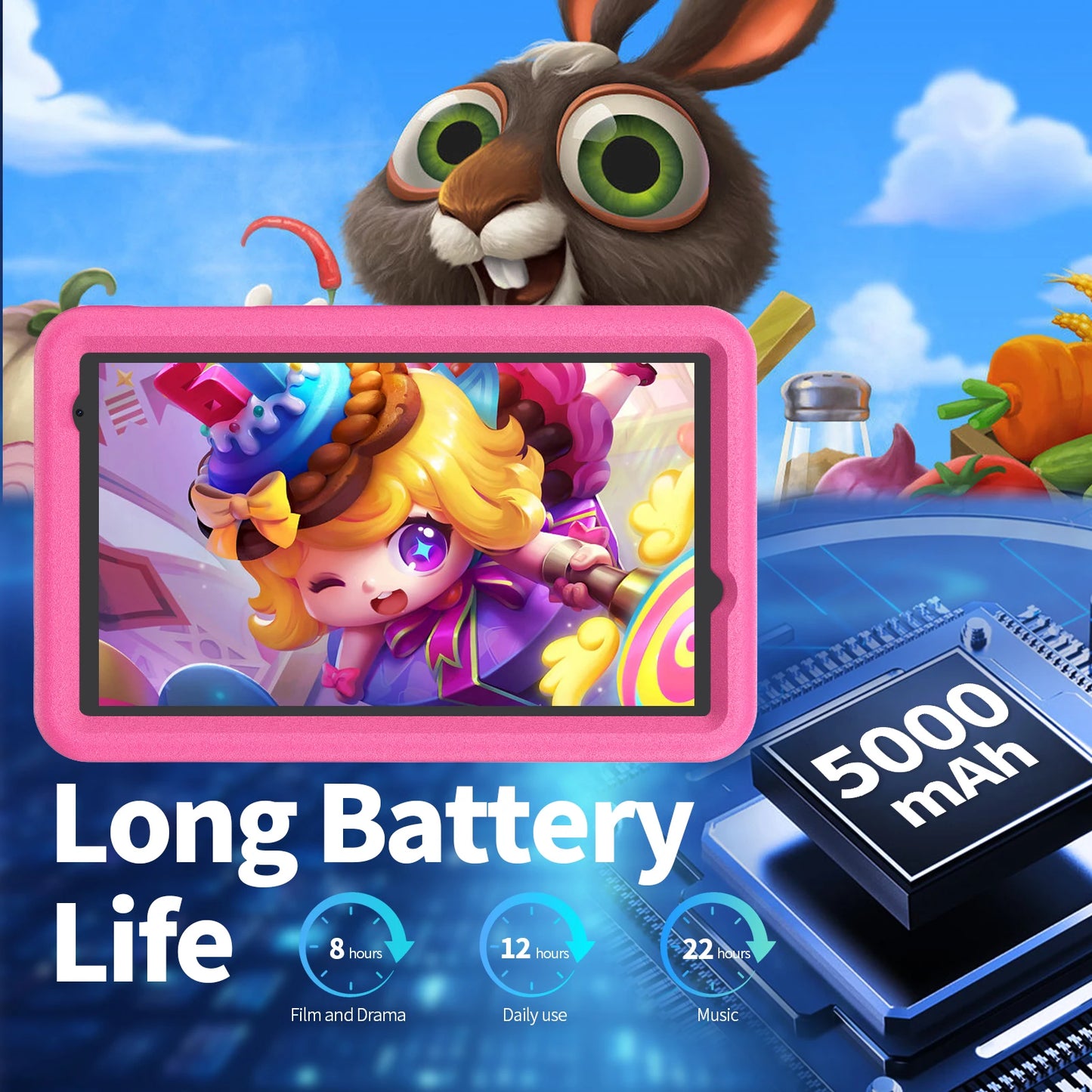 A cartoon rabbit and a colorful character are shown on a tablet screen. Text reads "Long Battery Life" with icons showing 8, 12, and 22 hours usage. A 5000mAh label is visible.
