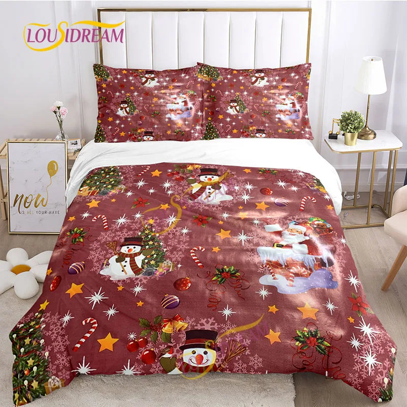 Festive bedding set with snowmen, Christmas trees, candy canes, stars, and ornaments on a red background. It includes two matching pillowcases, enhancing the holiday theme.