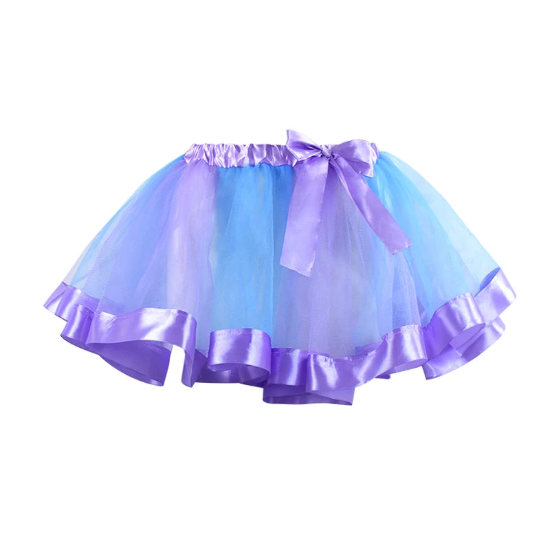 Blue and purple tulle tutu with a satin ribbon trim and bow.