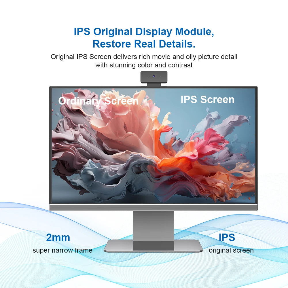 A monitor with a split-screen comparison of ordinary and IPS screens; the IPS side displays vibrant colors. Text highlights 2mm narrow frame and IPS features for enhanced detail.
