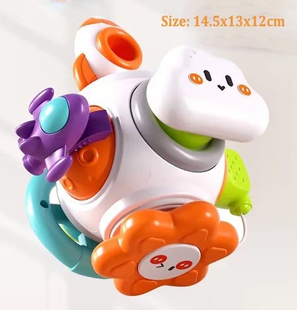 Colorful baby toy featuring smiling faces; includes an orange flower, purple propeller, and white cloud. Size listed as 14.5x13x12cm.