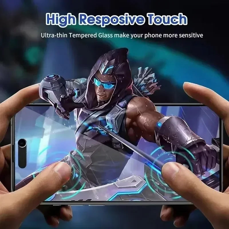 Hands hold a smartphone displaying a game character in futuristic armor. The text above reads "High Responsive Touch" promoting a tempered glass screen protector.